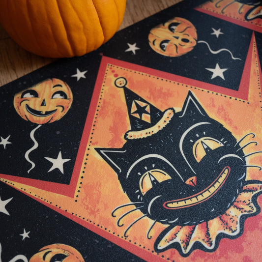 Grinning Black Cat Jack 56” Harlequin Vinyl Floor Decor Quirks!