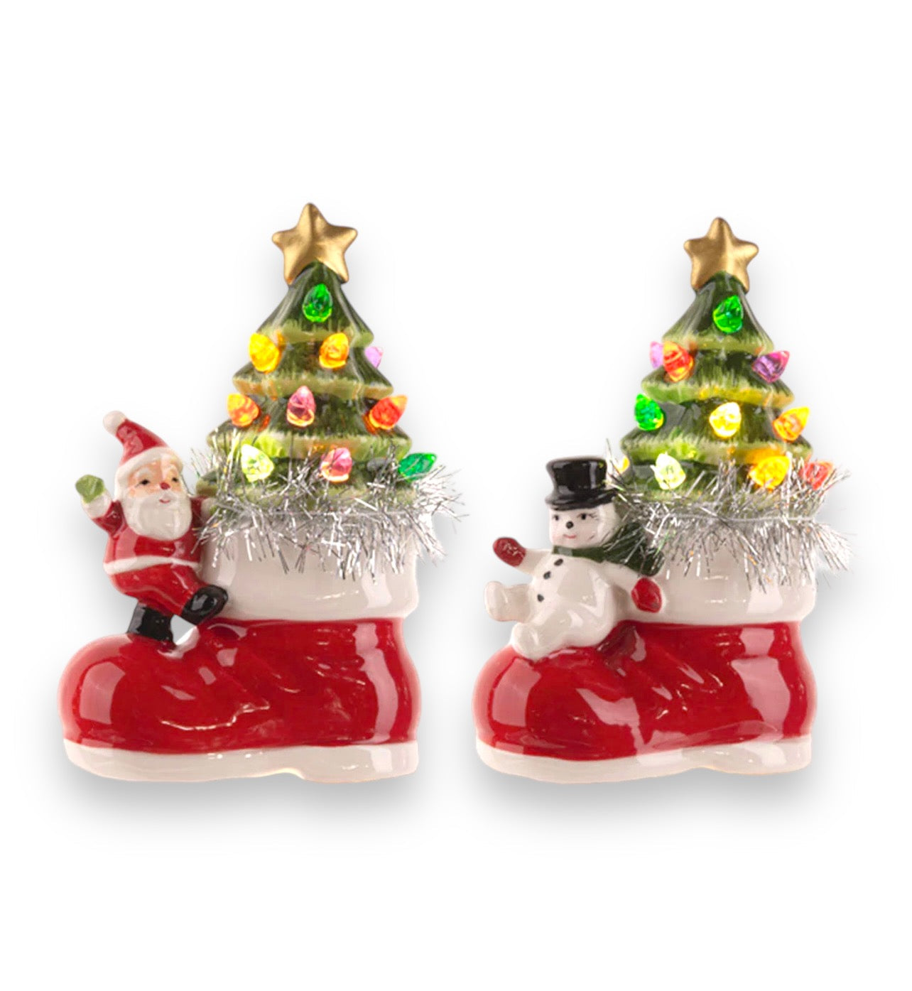 Light Up Ceramic Santa w/Tree in Boot Figurine