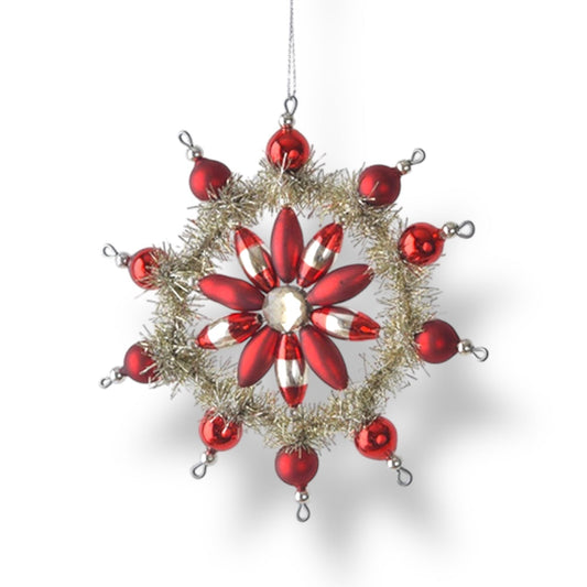 Vintage Style Glass & Tinsel Snowflake Ornament RED Quirks!