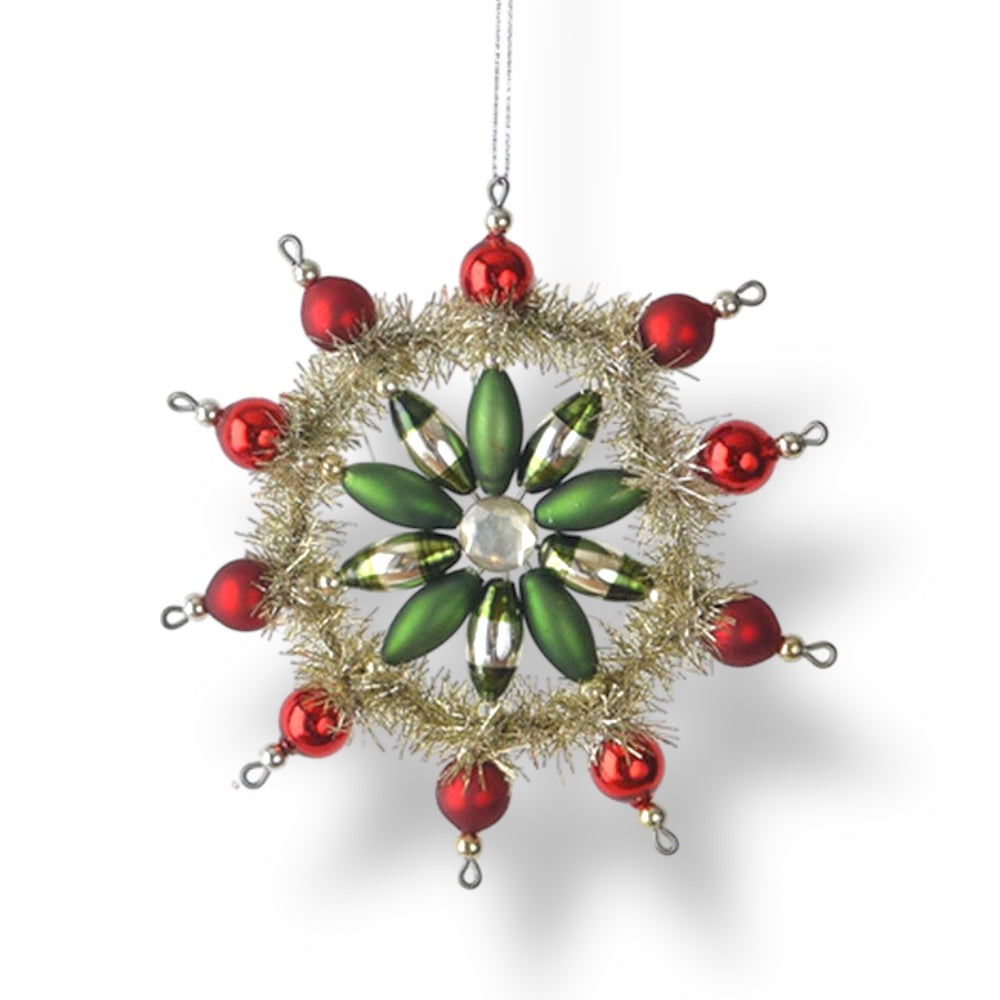 Vintage Style Glass & Tinsel Snowflake Ornament GREEN Quirks!