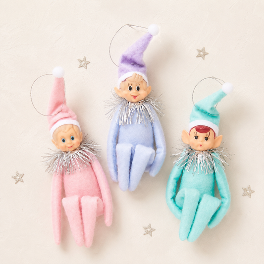 Pastel MCM KneeHugger Elf Ornaments, Set of 3 Vintage Reproduction