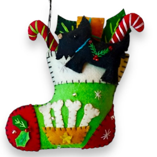 5" Green Stocking w/ Black Dog Felted Wool Ornament Quirks!