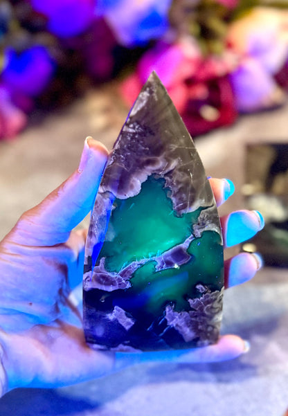 Volcano Agate Teardrop Freeform, UV Fluorescent Green Crystals