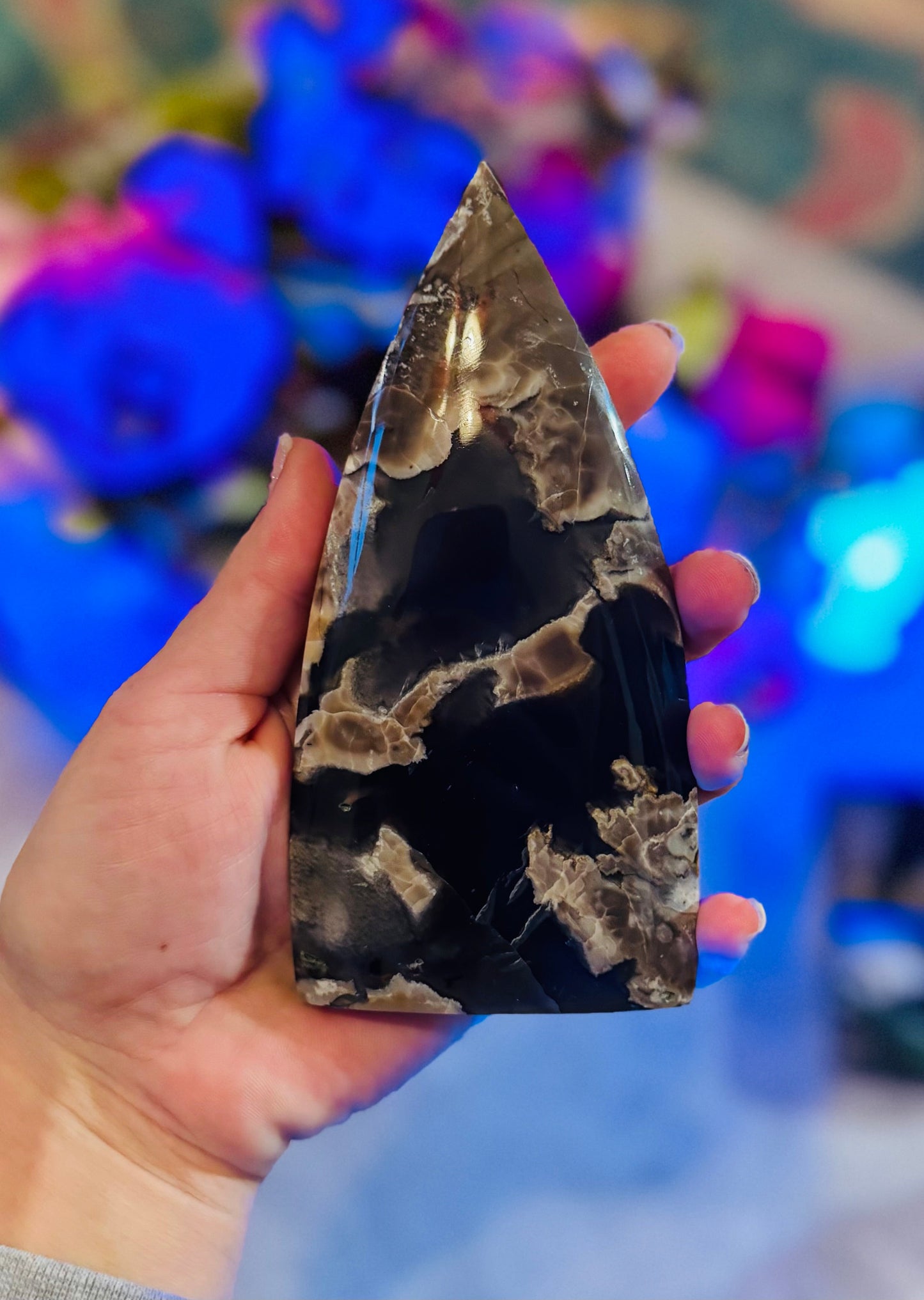 Volcano Agate Teardrop Freeform, UV Fluorescent Green Crystals