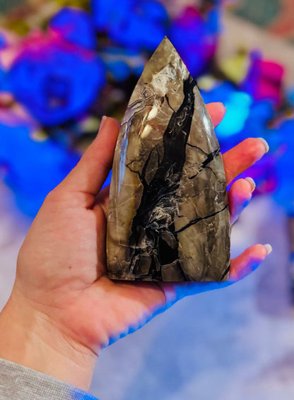 Volcano Agate Teardrop Freeform, UV Fluorescent Green Crystals