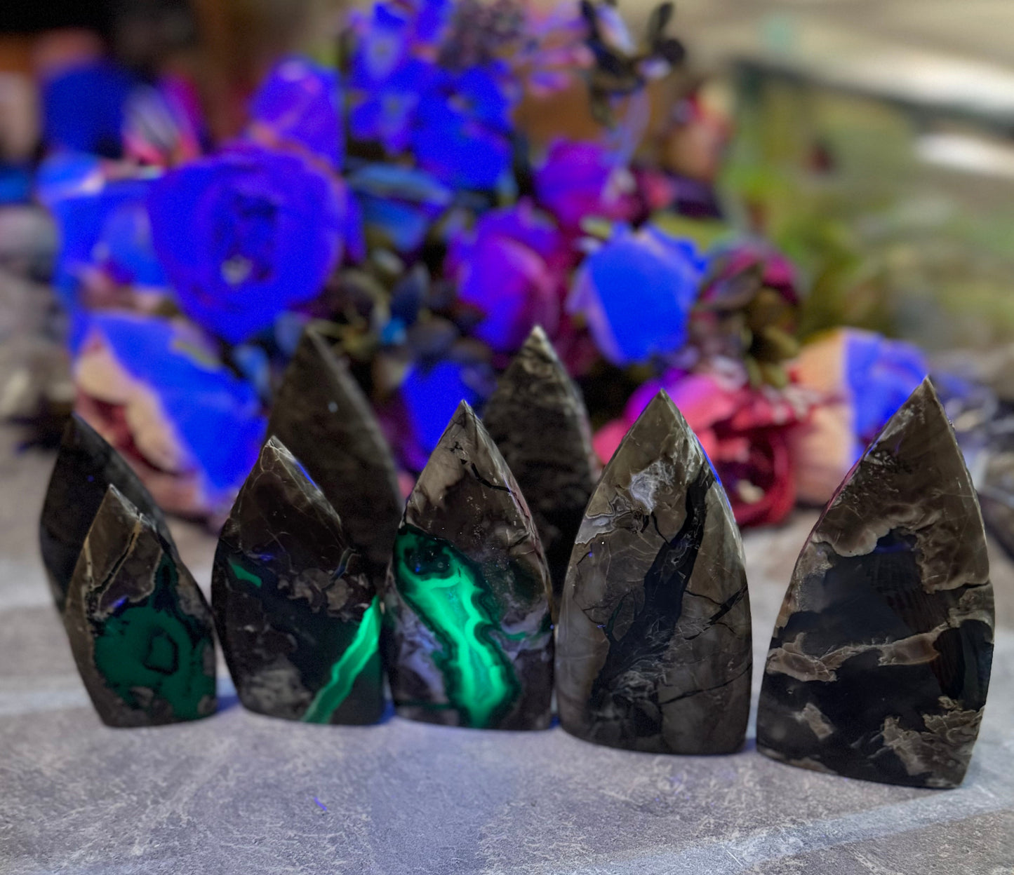 Volcano Agate Teardrop Freeform, UV Fluorescent Green Crystals