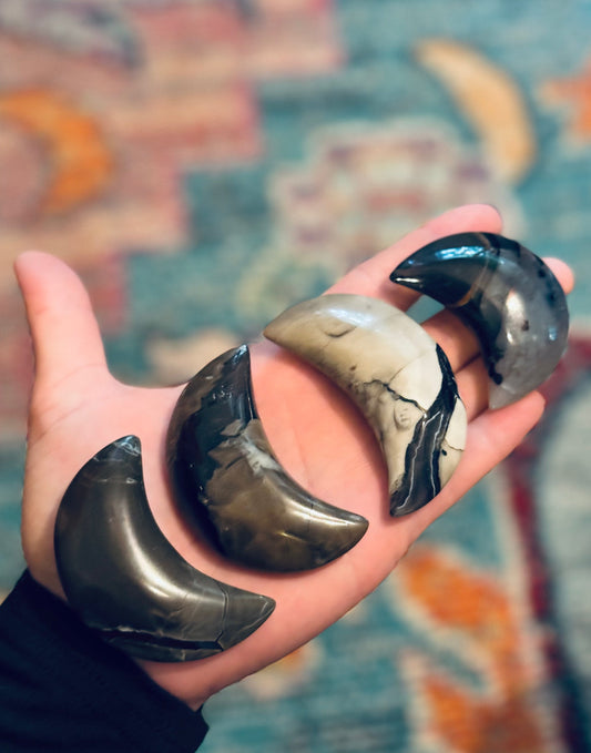 Volcano Agate Crescent Moon, UV Green Fluorescent Minerals