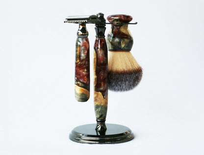 Buckeye Burl Wood Hand Crafted Shave Set with 'Chameleon' Resin safety razor, 26mm lather brush and a matching shave stand.