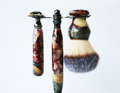 Buckeye Burl Wood Hand Crafted Shave Set with 'Chameleon' Resin safety razor, 26mm lather brush and a matching shave stand.
