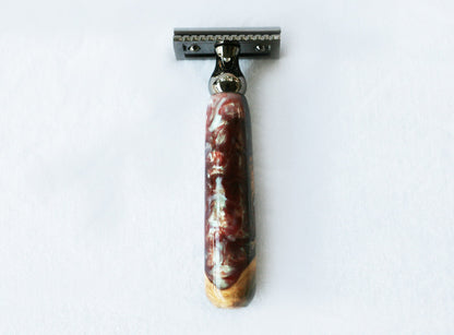 Buckeye Burl Wood Hand Crafted Shave Set with 'Chameleon' Resin safety razor, 26mm lather brush and a matching shave stand.