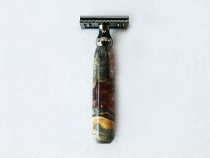Buckeye Burl Wood Hand Crafted Shave Set with 'Chameleon' Resin safety razor, 26mm lather brush and a matching shave stand.