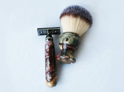 Buckeye Burl Wood Hand Crafted Shave Set with 'Chameleon' Resin safety razor, 26mm lather brush and a matching shave stand.