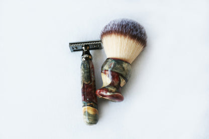 Buckeye Burl Wood Hand Crafted Shave Set with 'Chameleon' Resin safety razor, 26mm lather brush and a matching shave stand.