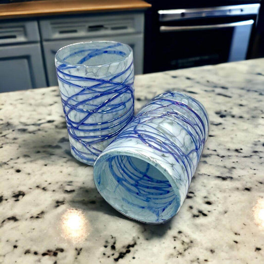 Mexican Hand Blown Drinking Glasses | White and Blue Artisan Glassware