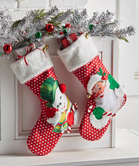 19" Retro Christmas Stocking Santa/Snowman