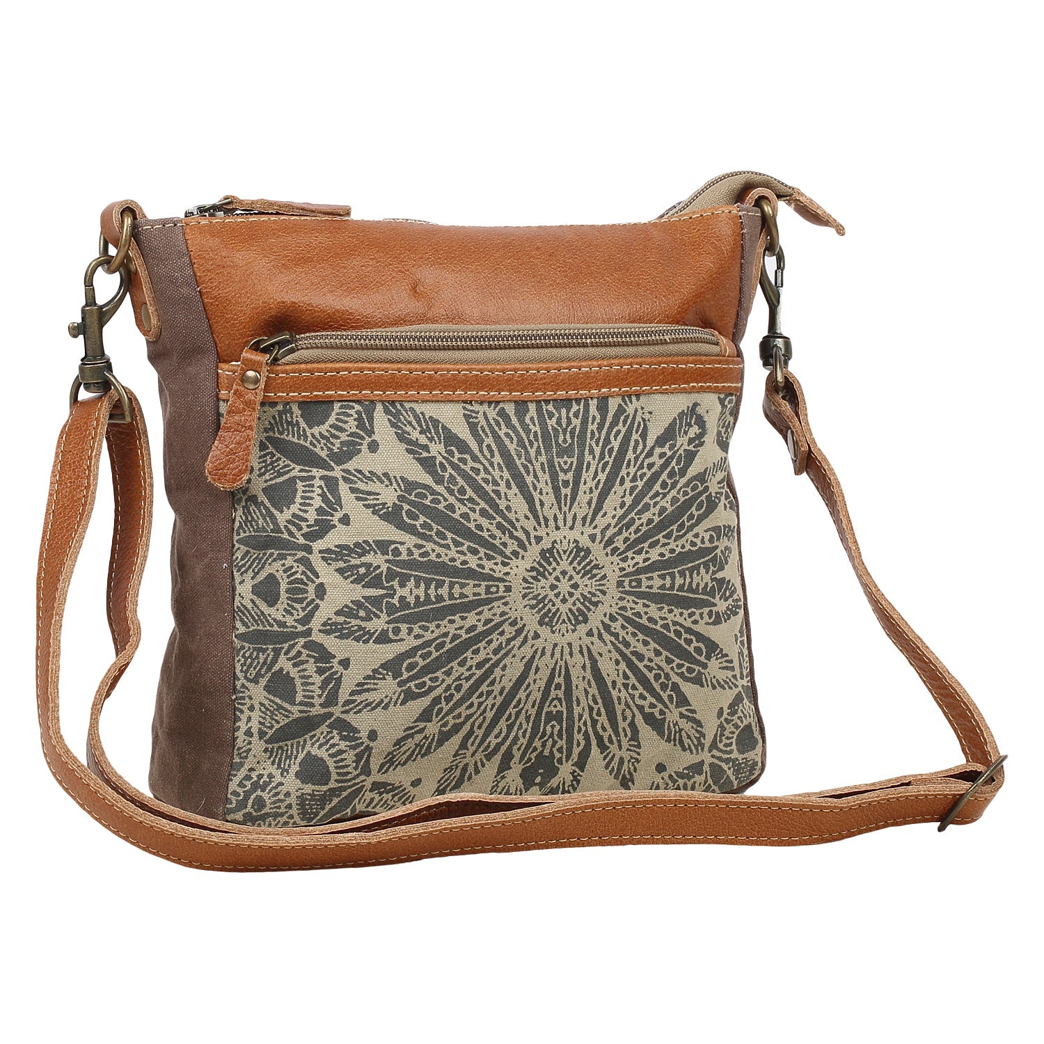 Myra Dizzy • Tooled Leather Mandala Bag | Sunburst Floral Print, Adjustable Strap, Rustic Companion - Creative Freedom Collective