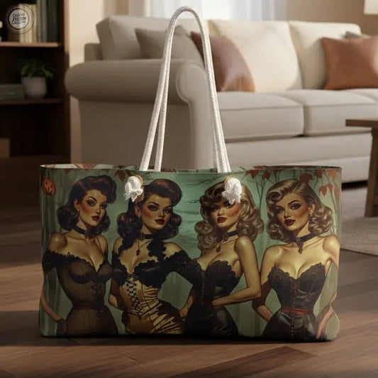 Tote bag with vintage-style illustration of four women in lingerie on a white background