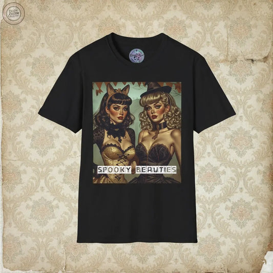 Black t-shirt with 'Spooky Beauties' graphic design on a white background