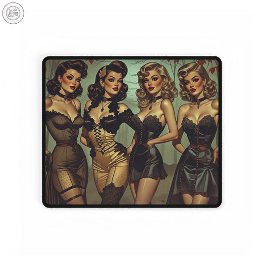 Spooky Beauties Vintage Halloween Glamour Desk Mat - Retro Pinup Office Decor Rose Meow