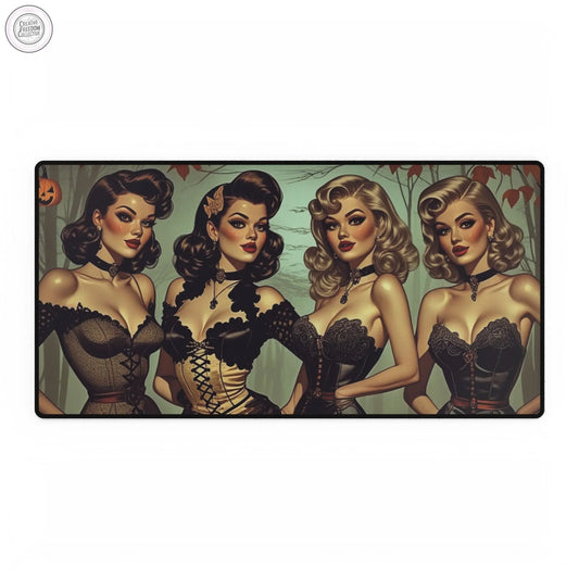 Spooky Beauties Vintage Halloween Glamour Desk Mat - Retro Pinup Office Decor Rose Meow