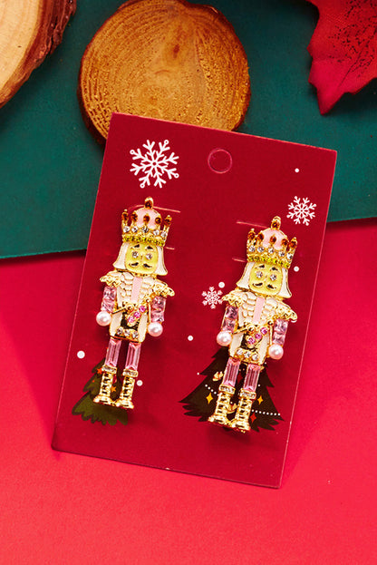 Pink Rhinestone Nutcracker Christmas Earrings