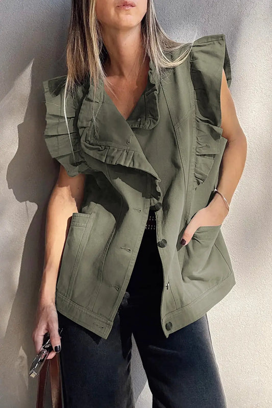 Green Bay Ruffle Plain Denim Jacket Vest Shewin