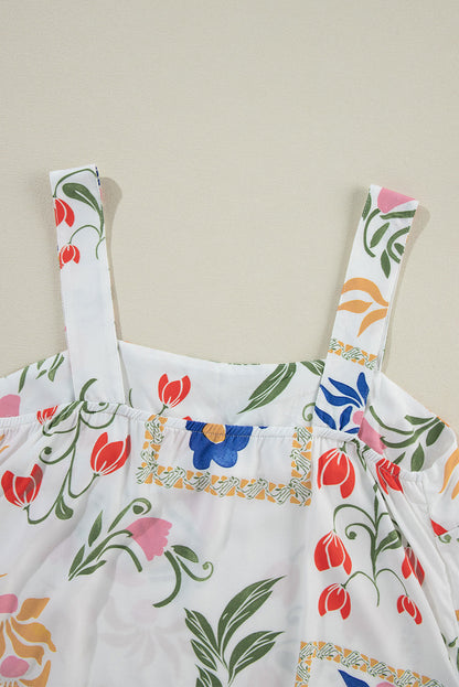 White Square Neck Tank & Wide Leg Pants Boho Floral Set Shewin