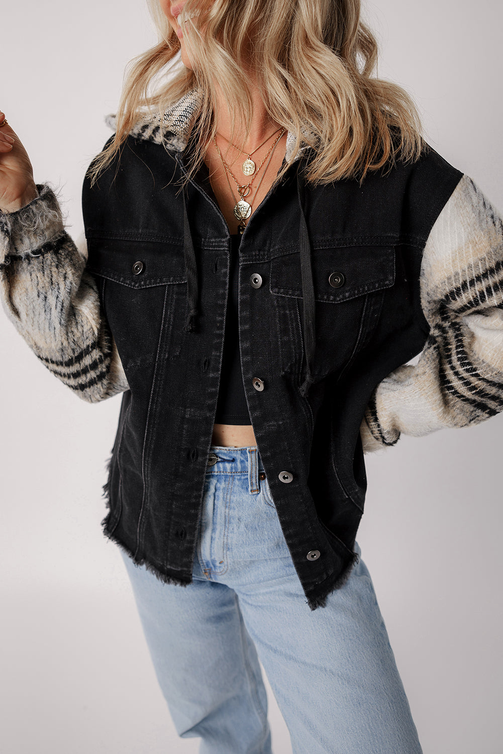 Black Patchwork Plaid Sleeve Frayed Hem Hooded Denim Jacket Shewin