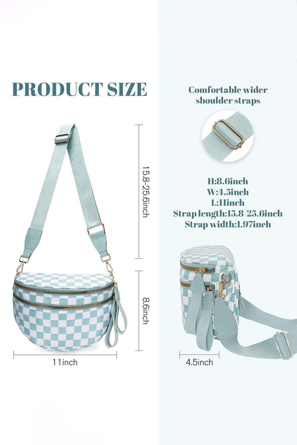 Blackish Green Checkered Print Wide Strap Large Crossbody Bag Shewin