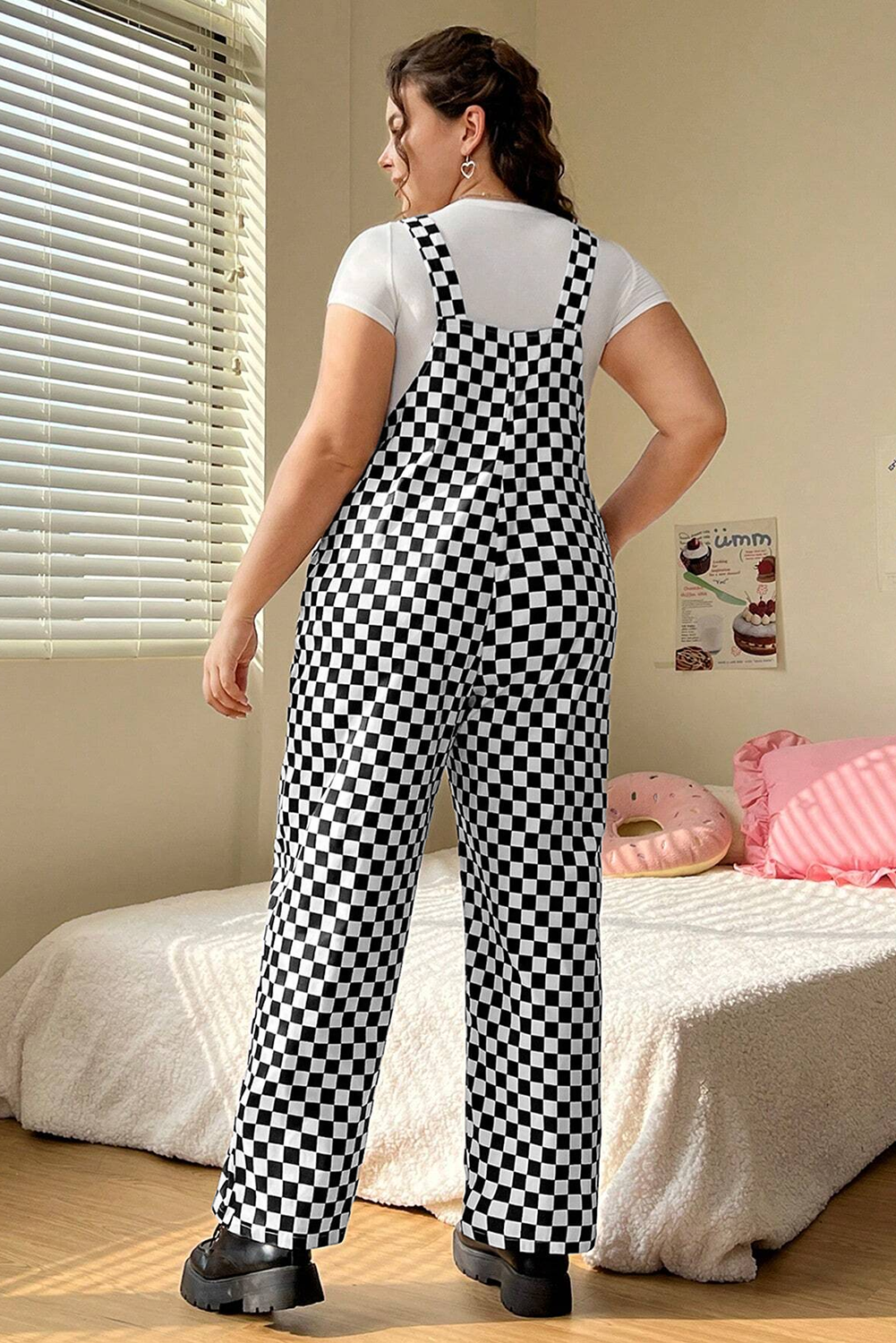 Black Checkered Print Pocketed Wide Leg Overall Shewin