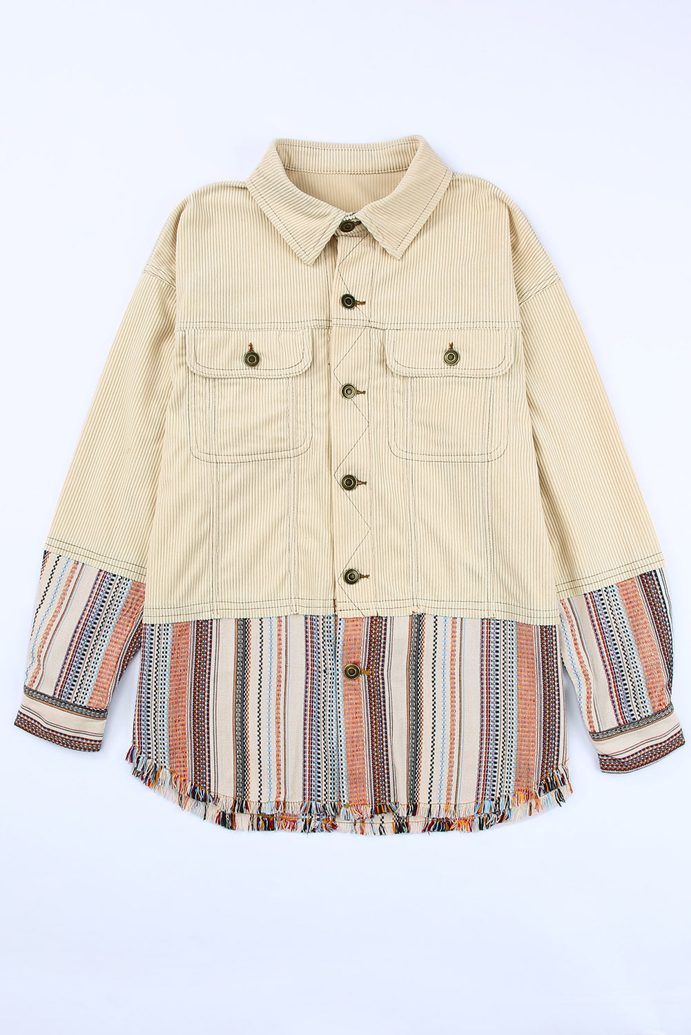 Beige Button Up Pockets Striped Color Block Corduroy Jacket Shewin