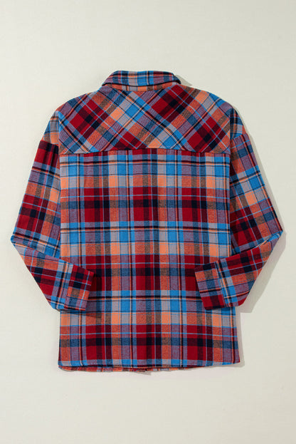 Red Plaid Print Drop Sleeve Loose Shirt Shewin