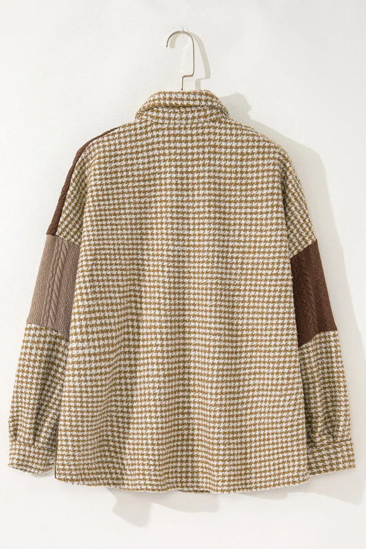 Khaki Houndstooth Textured Patchwork Loose Shacket Shewin