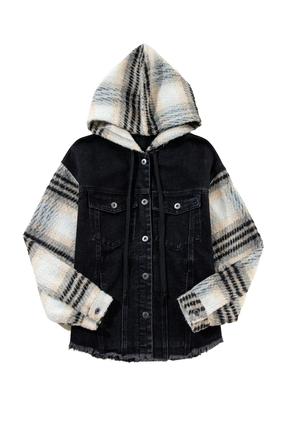 Black Patchwork Plaid Sleeve Frayed Hem Hooded Denim Jacket Shewin