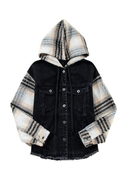 Black Patchwork Plaid Sleeve Frayed Hem Hooded Denim Jacket Shewin