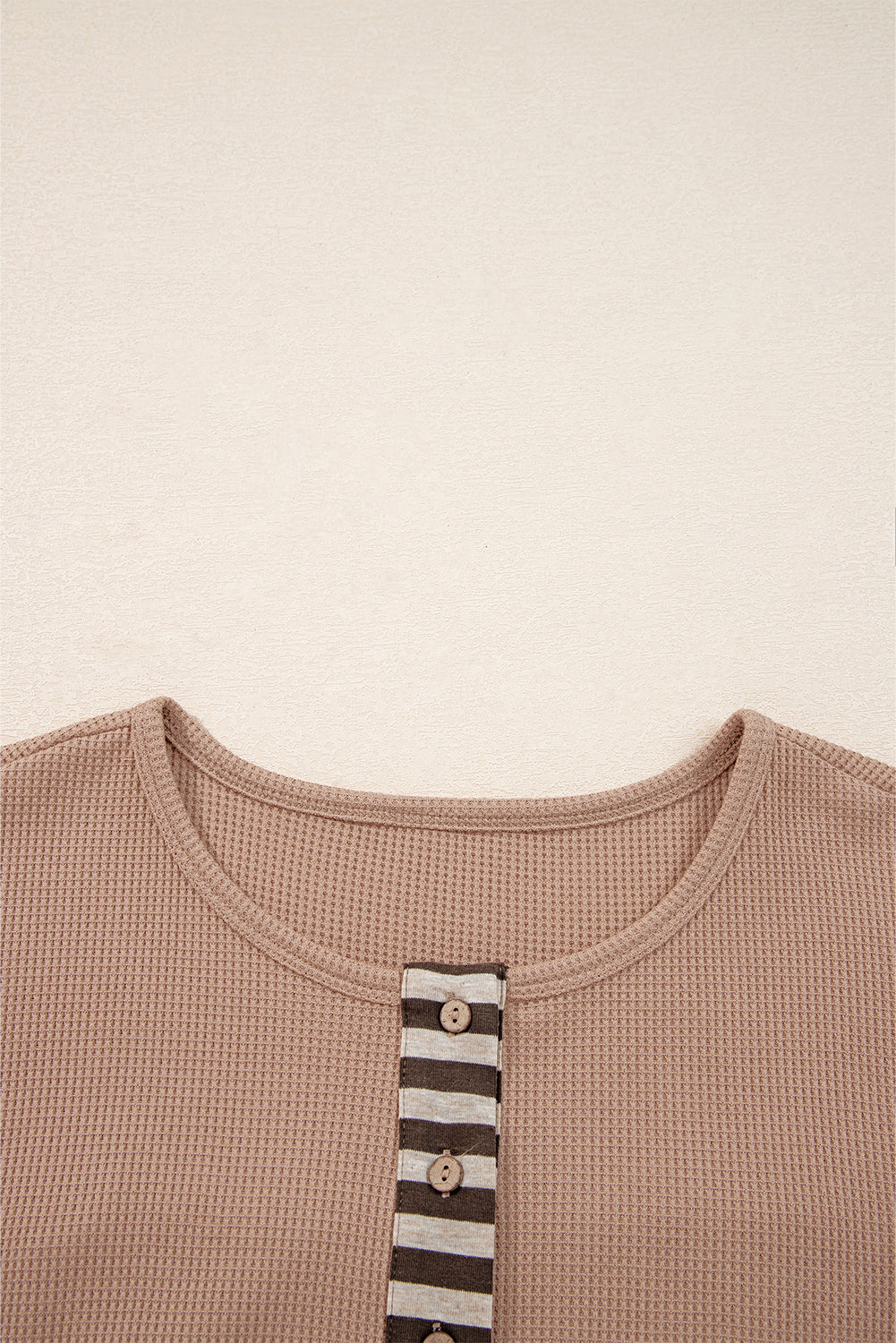 Straw Yellow Waffle Stripe Plaid Patchwork Henley Top Shewin