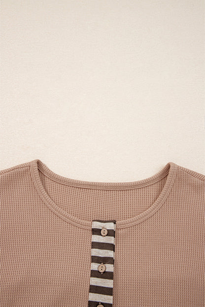 Straw Yellow Waffle Stripe Plaid Patchwork Henley Top Shewin
