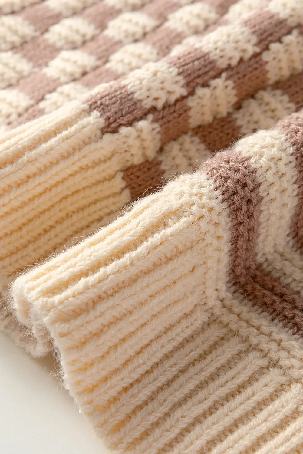 Khaki Stripe Checkerboard Drop Shoulder Balloon Sleeve Sweater Shewin