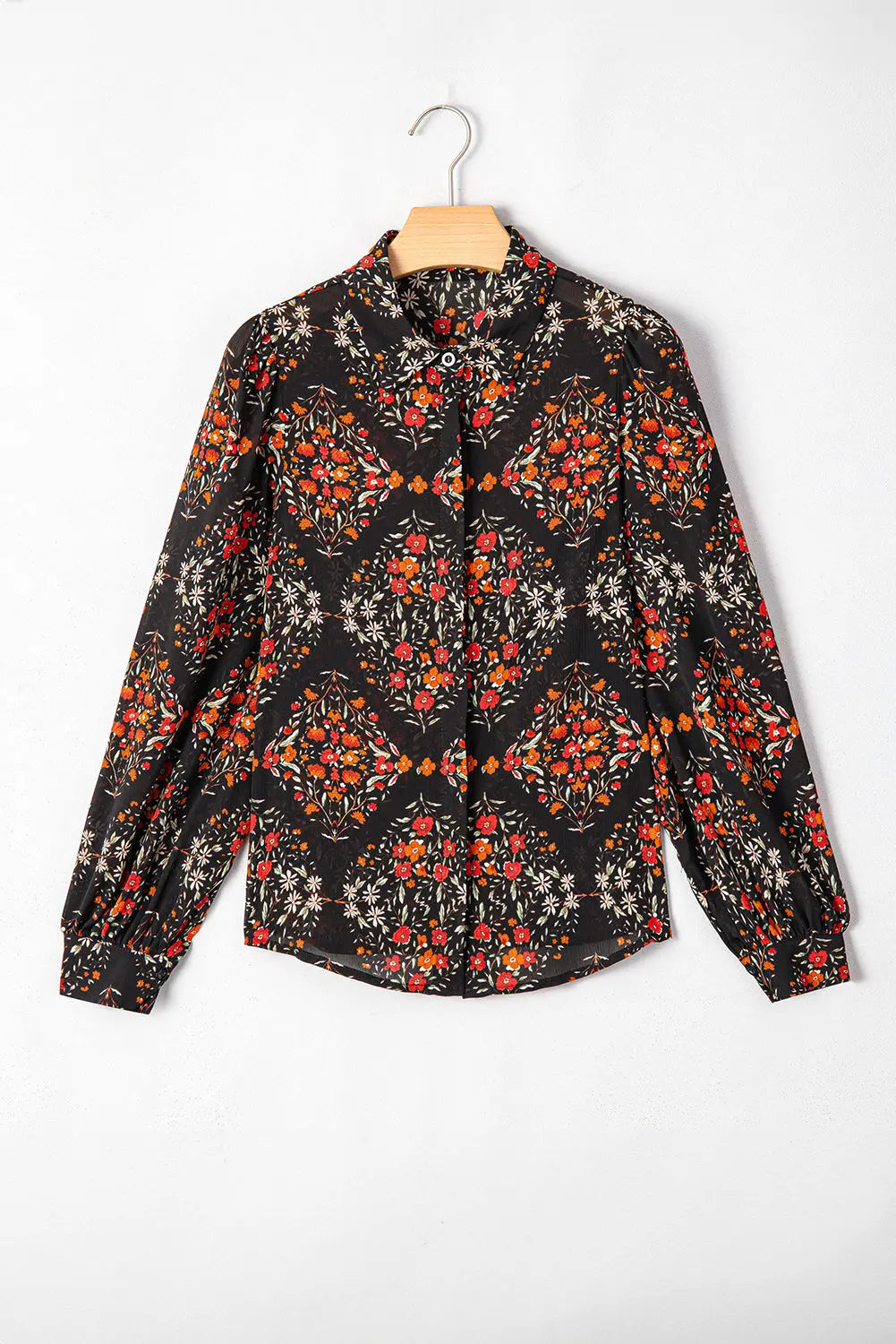 Black Floral Print Collared Button Up Puff Sleeve Shirt Shewin
