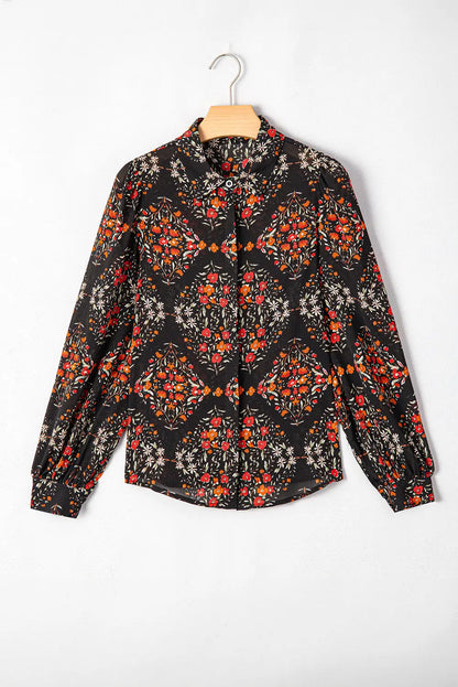 Black Floral Print Collared Button Up Puff Sleeve Shirt Shewin