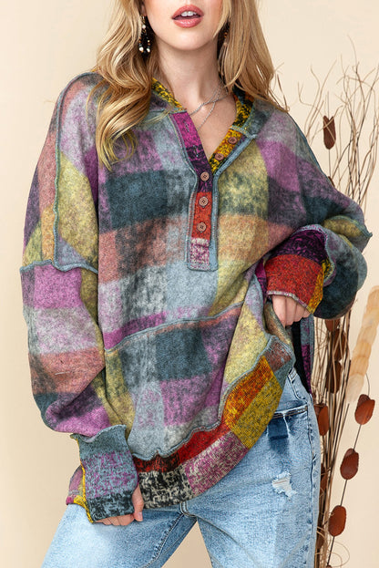 Multicolor Brushed Check Kangaroo Pocket Thumbholes Henley Hoodie Shewin
