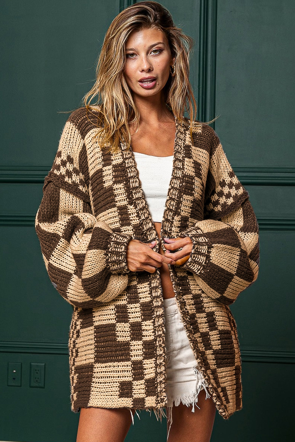 Dark Brown Colorblock Checked Loose Fit Open Front Knitted Cardigan Shewin