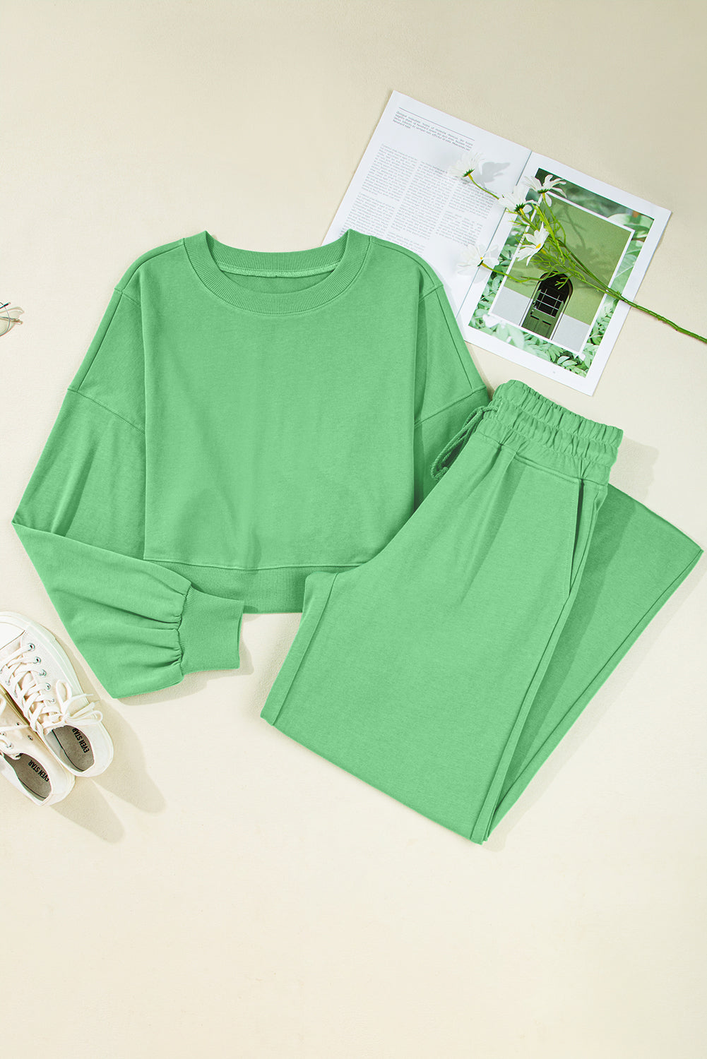 Flamingo Drop Shoulder Crop Pullover Drawstring Wide Leg Pants Set Shewin