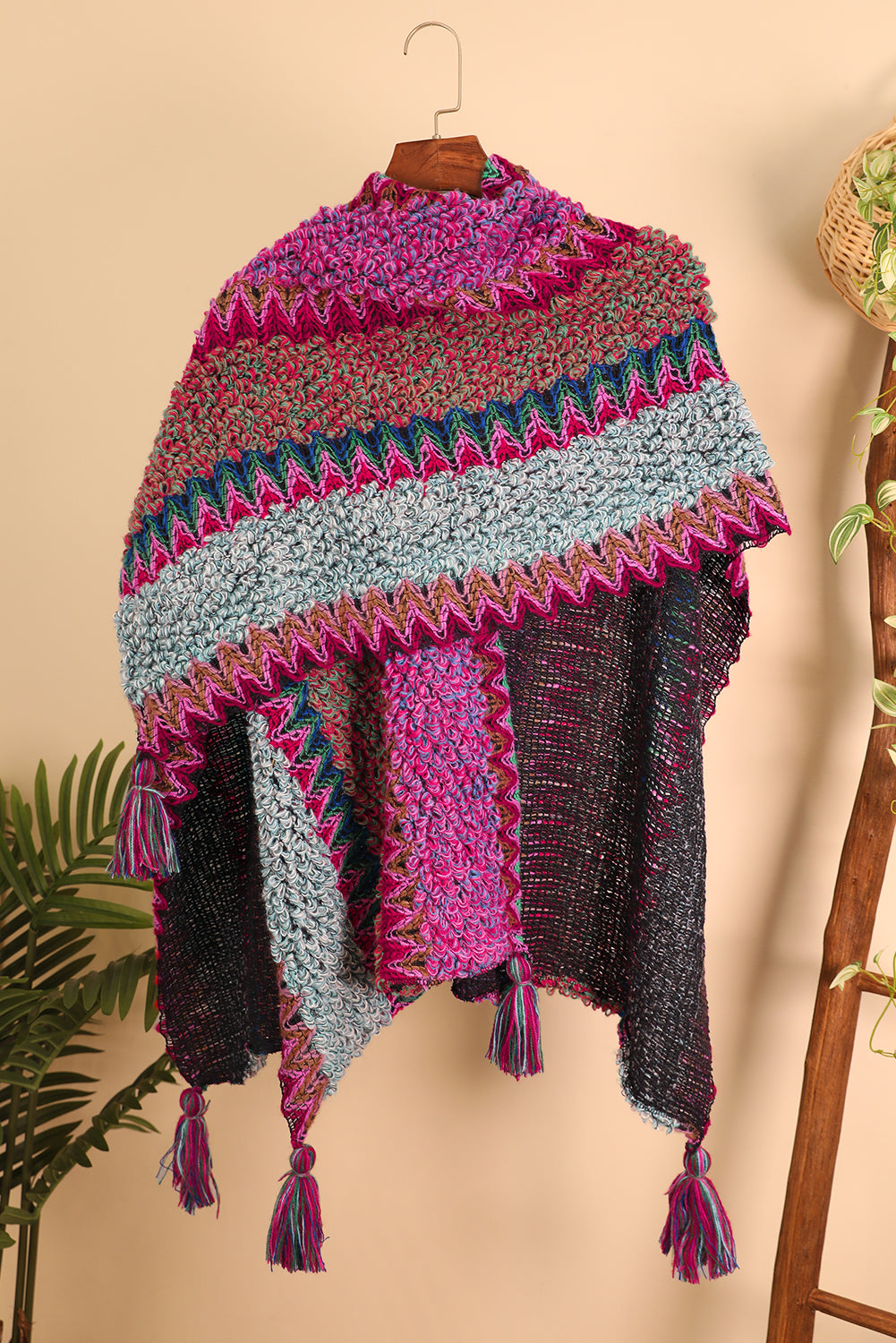 Rose Red Ethnic Tassel Knit Poncho Shewin