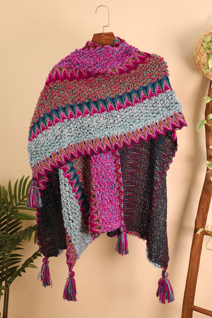 Rose Red Ethnic Tassel Knit Poncho Shewin