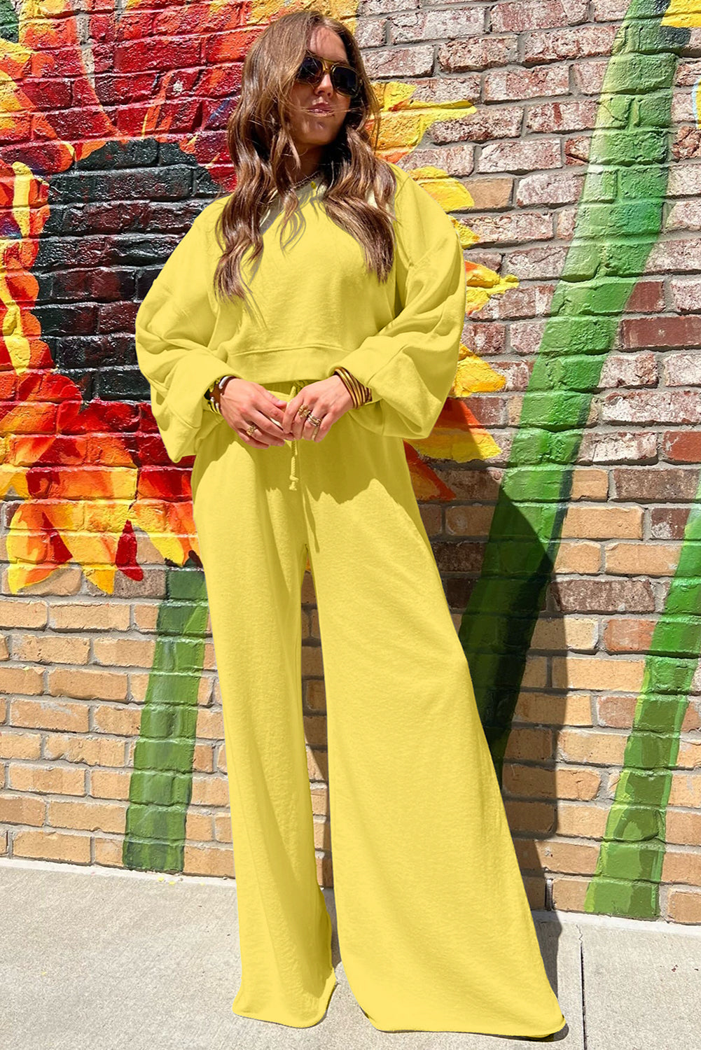 Flamingo Drop Shoulder Crop Pullover Drawstring Wide Leg Pants Set Shewin