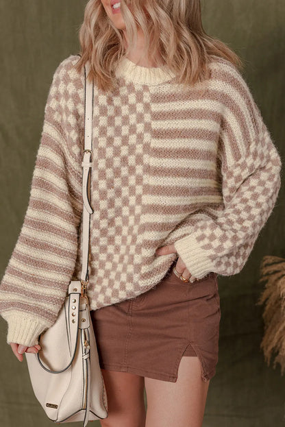 Khaki Stripe Checkerboard Drop Shoulder Balloon Sleeve Sweater Shewin