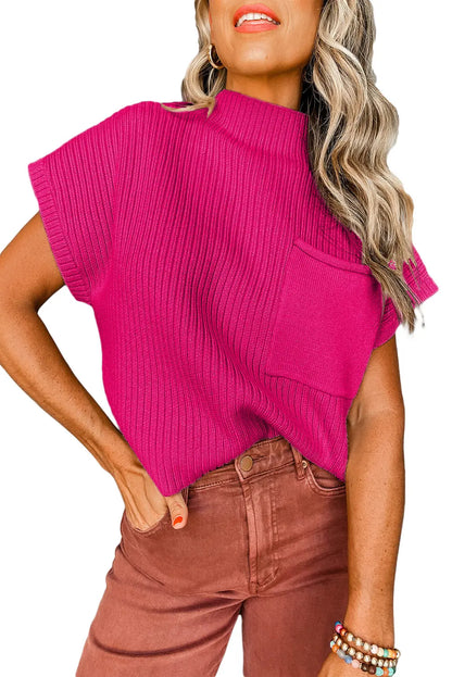 Gold Flame Patch Pocket Ribbed Knit Short Sleeve Sweater Shewin
