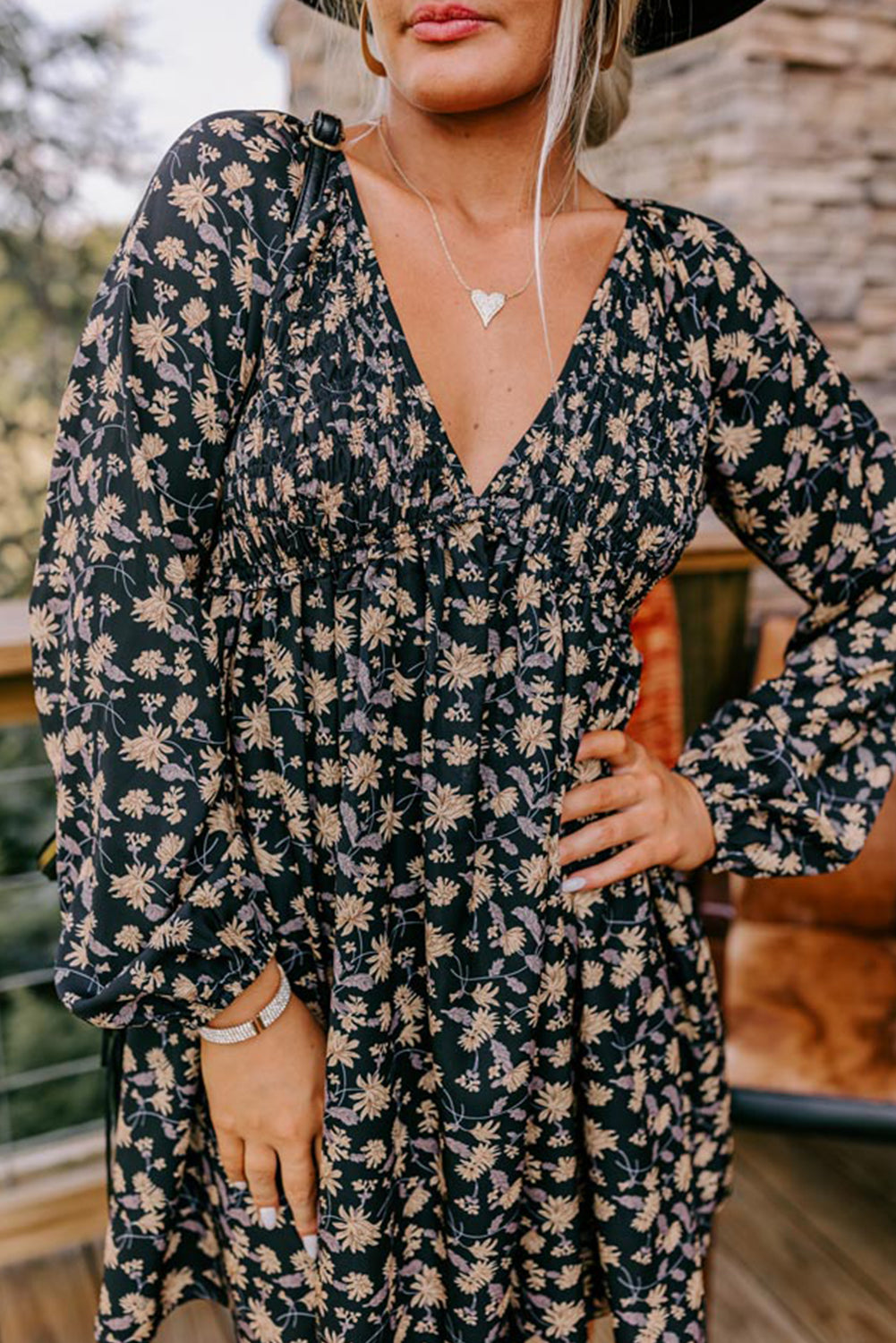 Beige Floral Smocked V Neck Bubble Sleeve Babydoll Dress Shewin