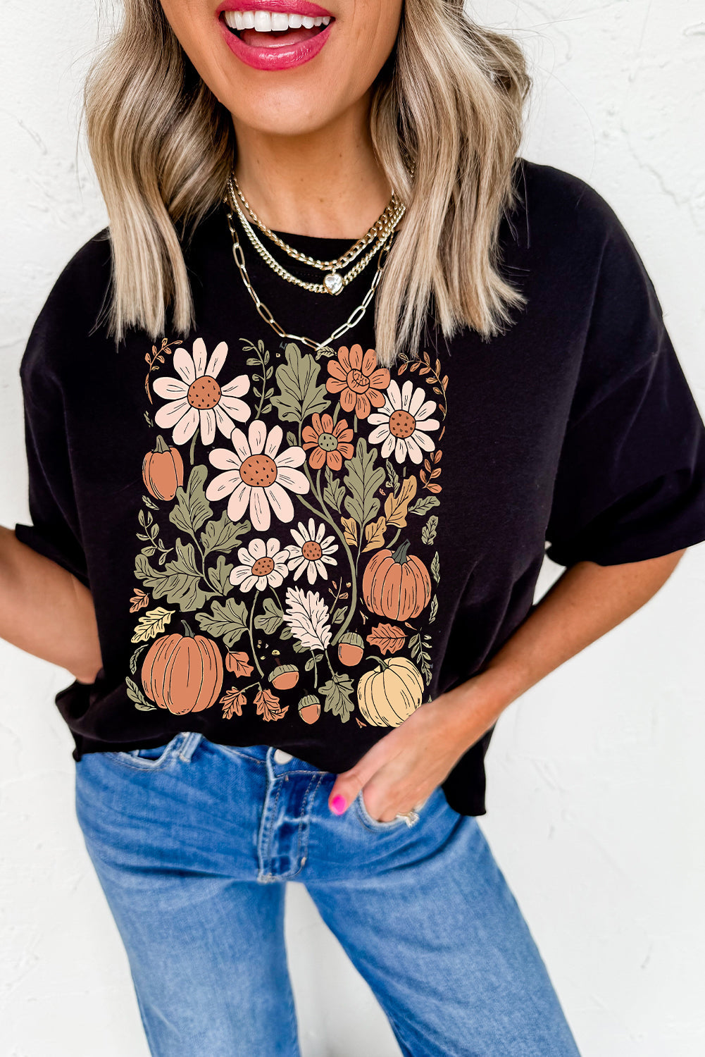 Black Wild Flower Pumpkin Print T Shirt Shewin
